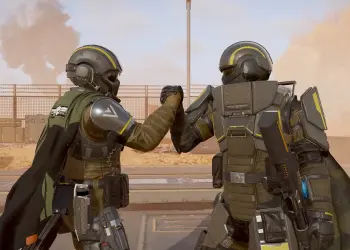 Dos Helldivers con las armaduras del Warbond Ironclad Democracy se saludan en un escenario desértico