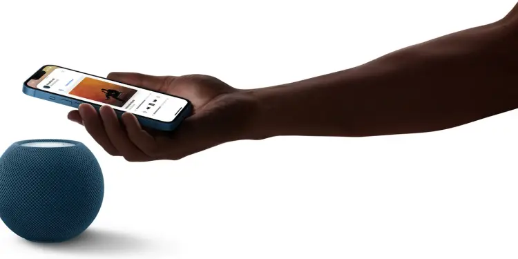 Un iPhone reproduce música junto a un HomePod mini azul