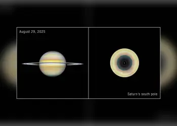 Composición de Saturno y una vista frontal de su polo sur con el patrón atmosférico decagonal