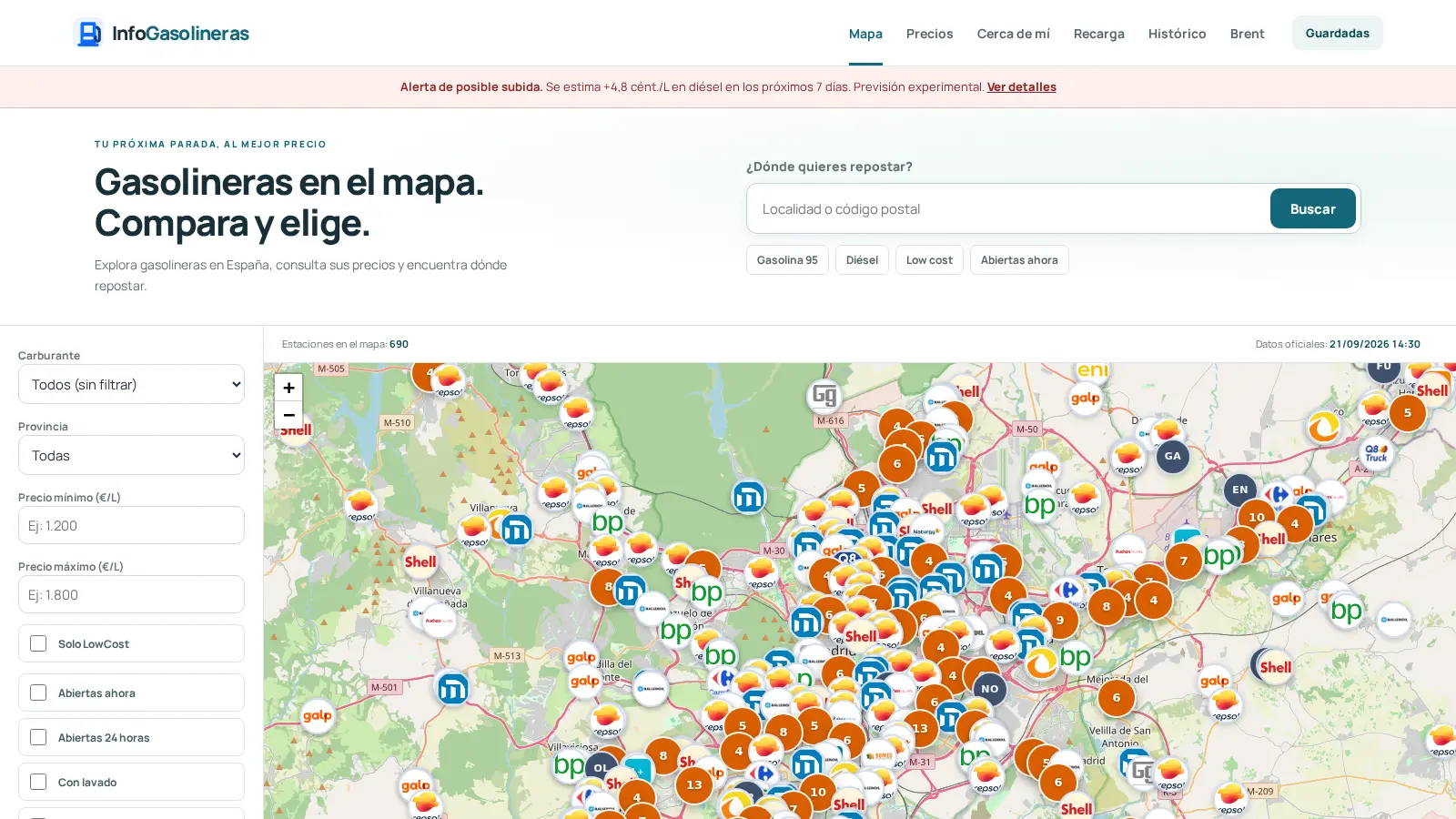 Mapa de gasolineras de InfoGasolineras.es