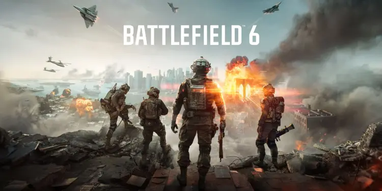 Arte de Battlefield 6 con cuatro soldados frente a una ciudad en combate
