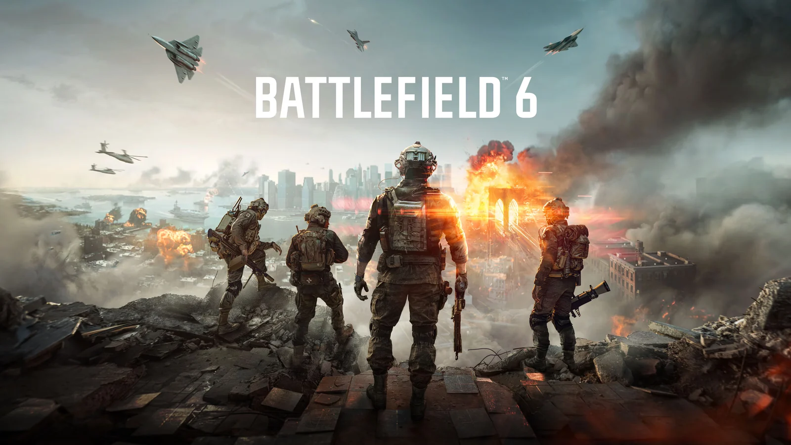 Arte de Battlefield 6 con cuatro soldados frente a una ciudad en combate