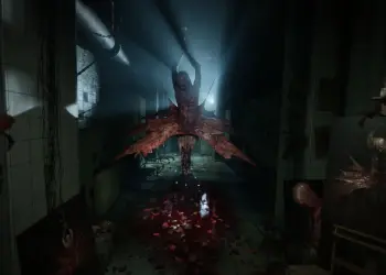 Escena del Laberinto con una criatura suspendida en un pasillo oscuro de Clive Barker’s Hellraiser: Revival