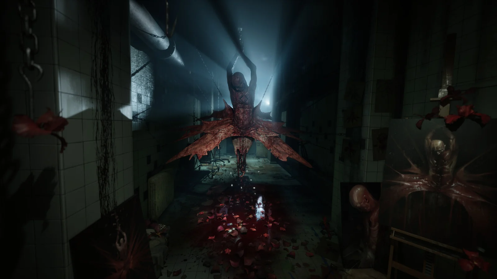 Escena del Laberinto con una criatura suspendida en un pasillo oscuro de Clive Barker’s Hellraiser: Revival