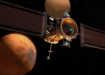 Render del Mars Telecommunications Orbiter de Blue Origin junto a Marte