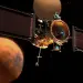 Render del Mars Telecommunications Orbiter de Blue Origin junto a Marte