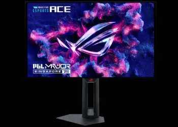 Monitor ROG Swift OLED para esports sobre fondo negro