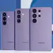 Tres smartphones Samsung Galaxy de color violeta vistos por la parte trasera