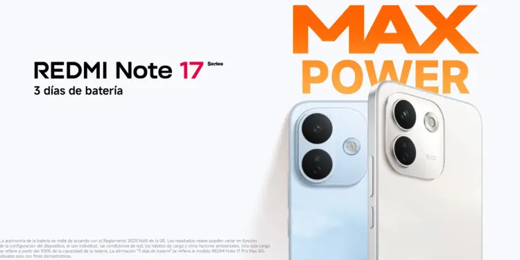 Dos smartphones REDMI Note 17 mostrados por su parte trasera, en azul y blanco