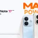 Dos smartphones REDMI Note 17 mostrados por su parte trasera, en azul y blanco