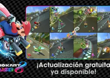 Promoción oficial de Mario Kart 8 Deluxe que muestra carreras locales con pantalla dividida para ocho jugadores