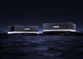Dos equipos AMD Ryzen AI Halo sobre un paisaje oscuro