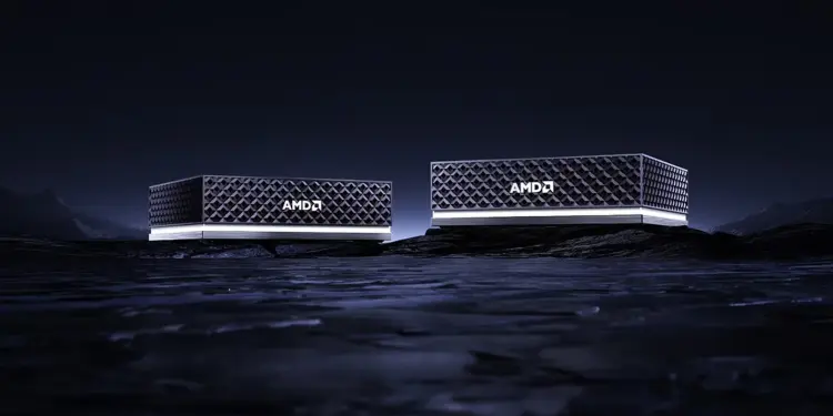 Dos equipos AMD Ryzen AI Halo sobre un paisaje oscuro