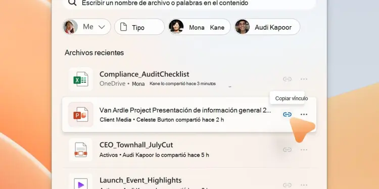 Interfaz de Files de Microsoft 365 con una lista de archivos recientes