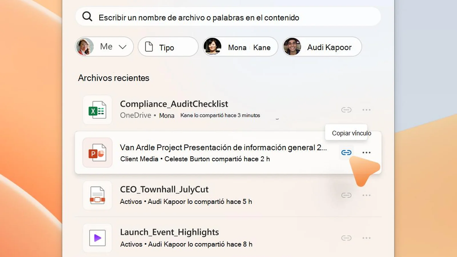 Interfaz de Files de Microsoft 365 con una lista de archivos recientes