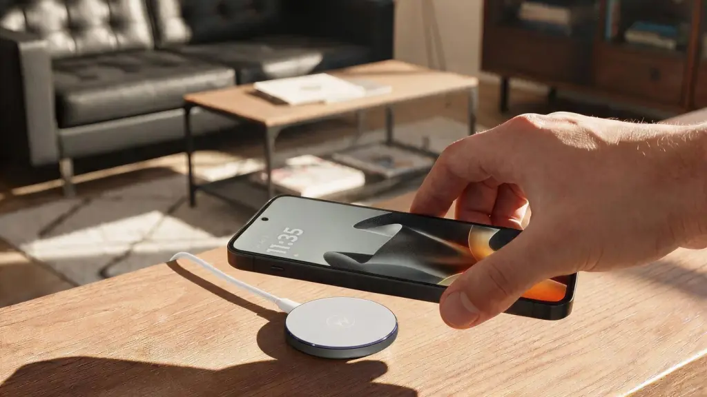 Un teléfono Motorola acercándose al cargador magnético moto snap sobre una mesa