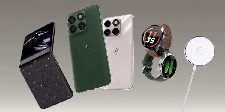 Varios dispositivos Motorola, incluidos dos teléfonos y dos relojes inteligentes, junto a un cargador inalámbrico