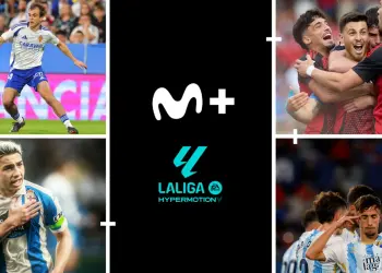 Arte promocional de Movistar Plus+ y LaLiga Hypermotion con futbolistas de la competición
