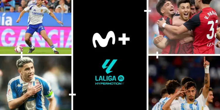 Arte promocional de Movistar Plus+ y LaLiga Hypermotion con futbolistas de la competición