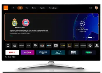 Interfaz de Orange TV con un destacado de partido de Champions League y accesos a canales y plataformas