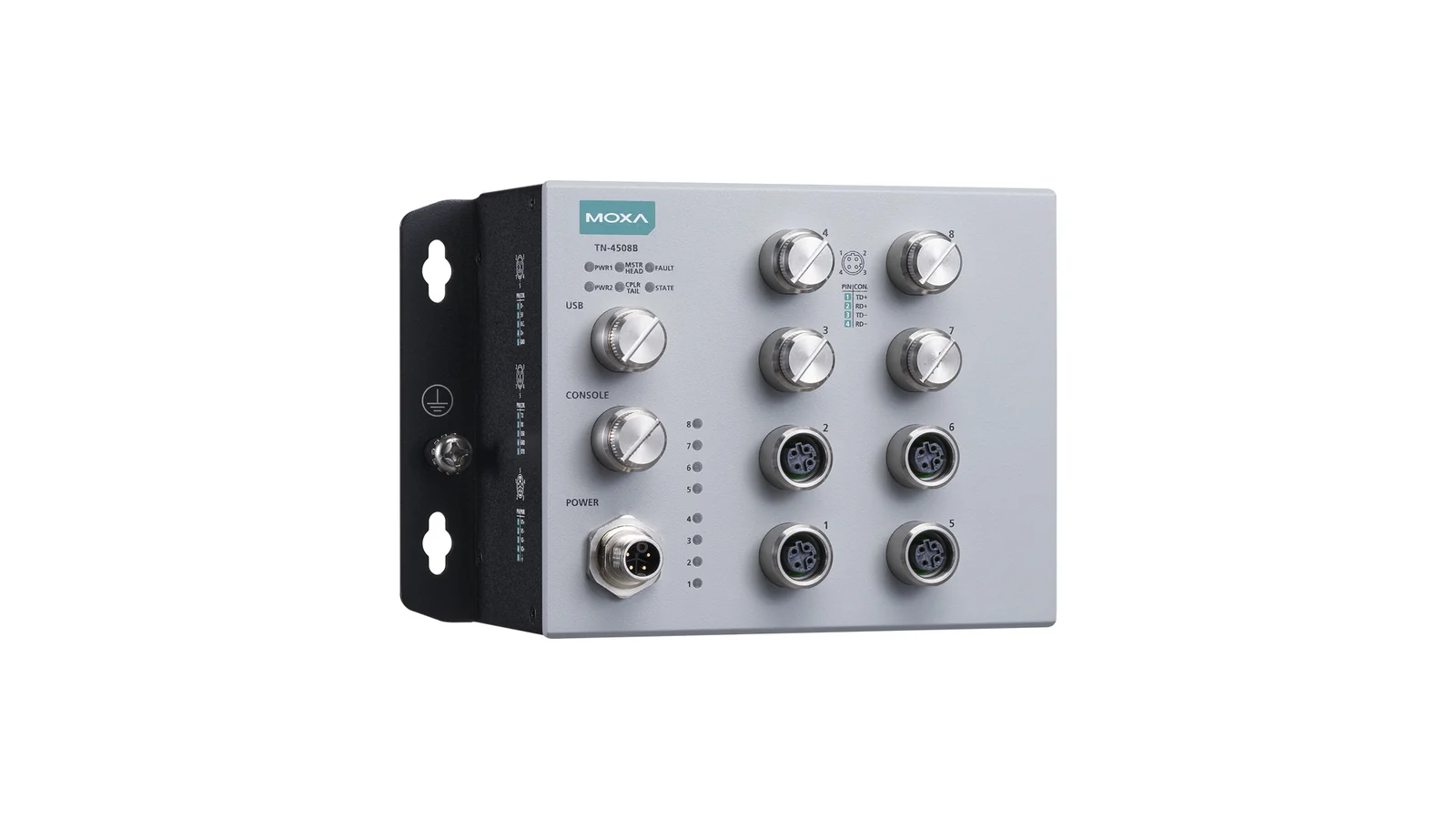 Switch industrial Moxa ToughNet TN-4508B con conectores circulares frontales