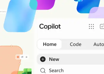 Copilot con pestañas Home, Code y Autopilot