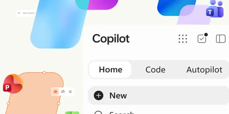 Copilot con pestañas Home, Code y Autopilot