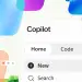 Copilot con pestañas Home, Code y Autopilot