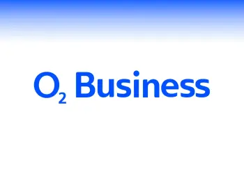Logotipo azul de O2 Business sobre fondo blanco