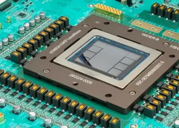 Primer plano del chip de inferencia Jalapeño montado en una placa de circuito