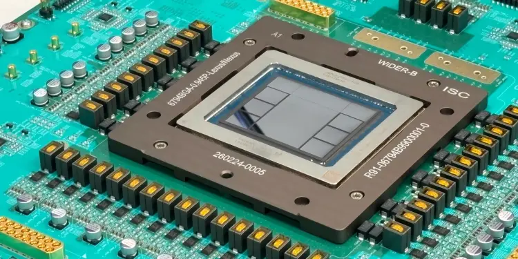 Primer plano del chip de inferencia Jalapeño montado en una placa de circuito