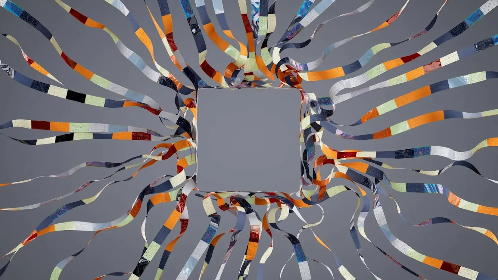 Cintas abstractas entrelazadas sobre un fondo gris
