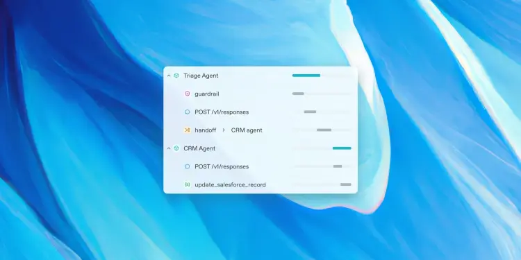 Interfaz de OpenAI que muestra un flujo de trabajo entre agentes y herramientas