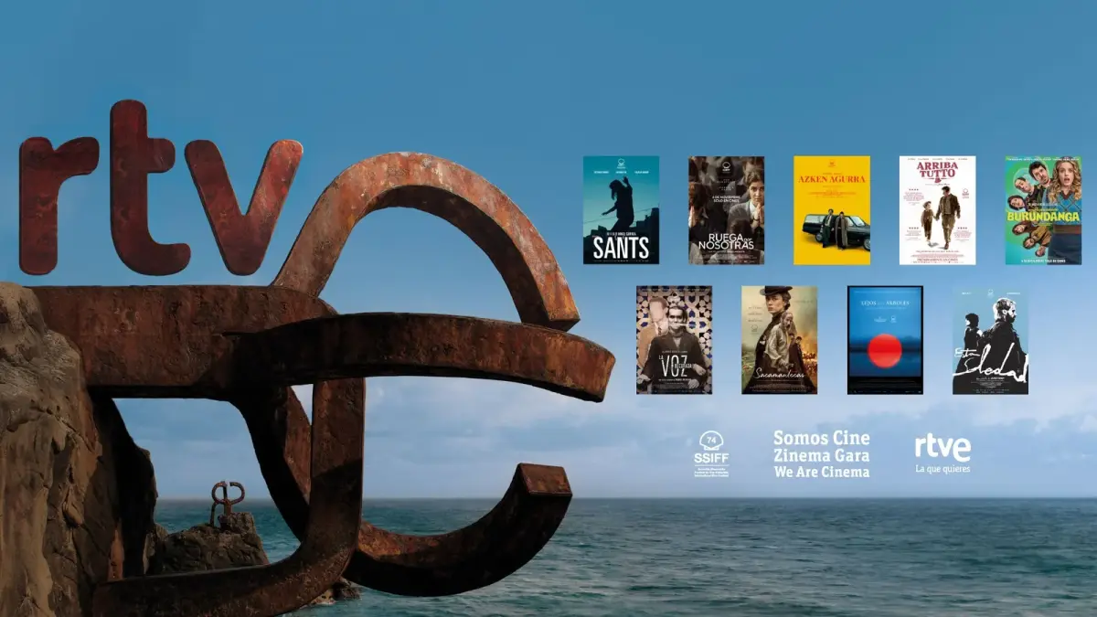 Composición de RTVE y el Festival de San Sebastián junto al Peine del Viento y carteles de películas