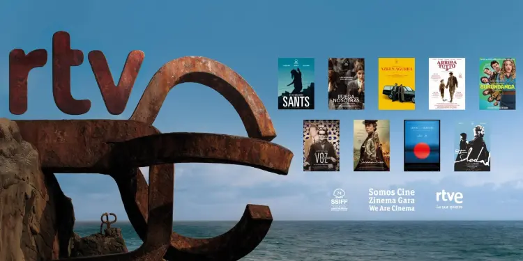 Composición de RTVE y el Festival de San Sebastián junto al Peine del Viento y carteles de películas