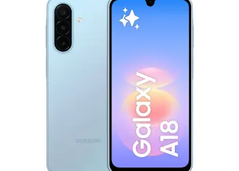 Render del Samsung Galaxy A18 en color azul claro, mostrando la parte trasera y la pantalla