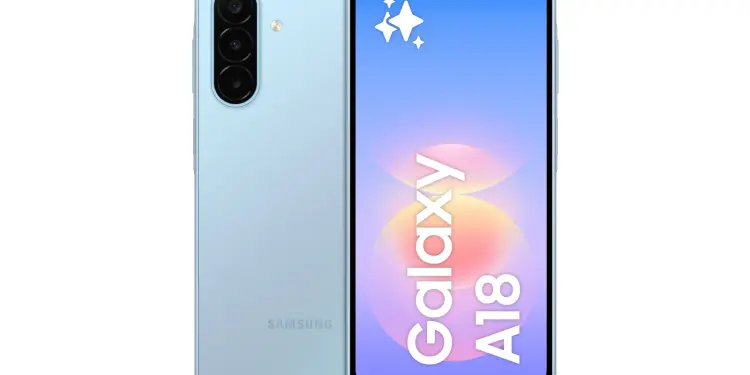 Render del Samsung Galaxy A18 en color azul claro, mostrando la parte trasera y la pantalla