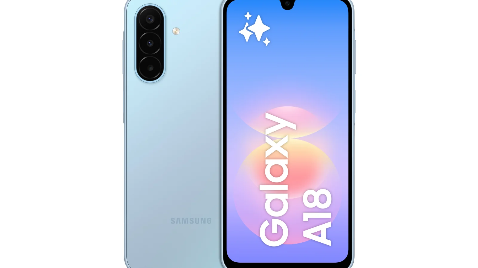 Render del Samsung Galaxy A18 en color azul claro, mostrando la parte trasera y la pantalla