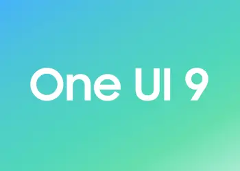 Logotipo de One UI 9 sobre un fondo degradado azul y verde