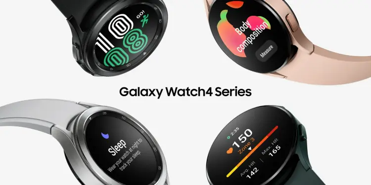 Cuatro relojes Samsung Galaxy Watch4 Series mostrados sobre fondo blanco