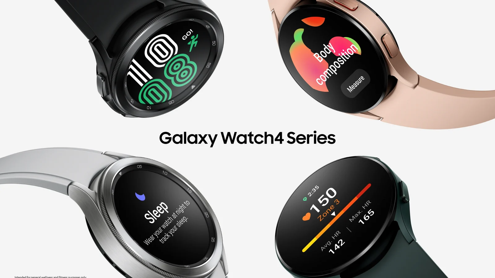 Cuatro relojes Samsung Galaxy Watch4 Series mostrados sobre fondo blanco