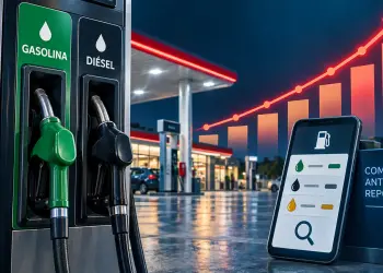 Gráfica ascendente junto a surtidores de gasolina y diésel