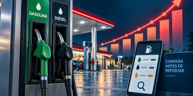 Gráfica ascendente junto a surtidores de gasolina y diésel