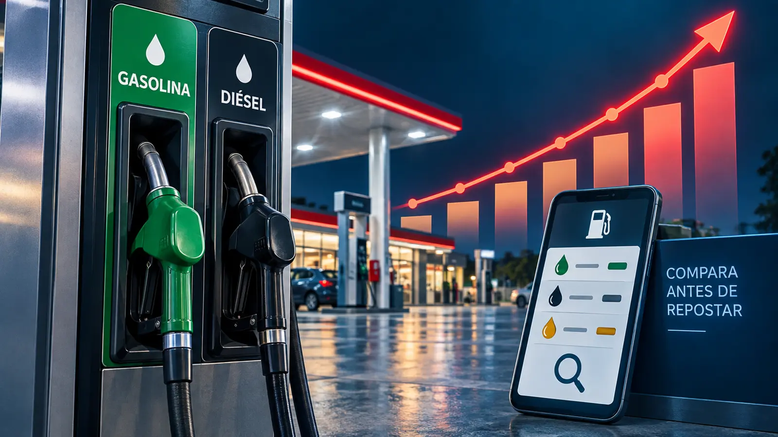 Gráfica ascendente junto a surtidores de gasolina y diésel