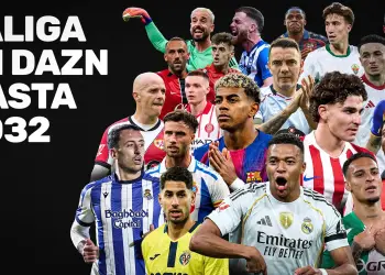 Gráfico promocional de DAZN con jugadores de LaLiga y el texto «LaLiga en DAZN hasta 2032»