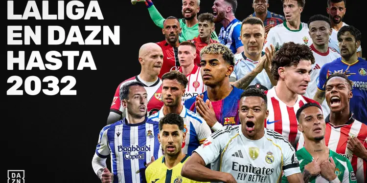 Gráfico promocional de DAZN con jugadores de LaLiga y el texto «LaLiga en DAZN hasta 2032»
