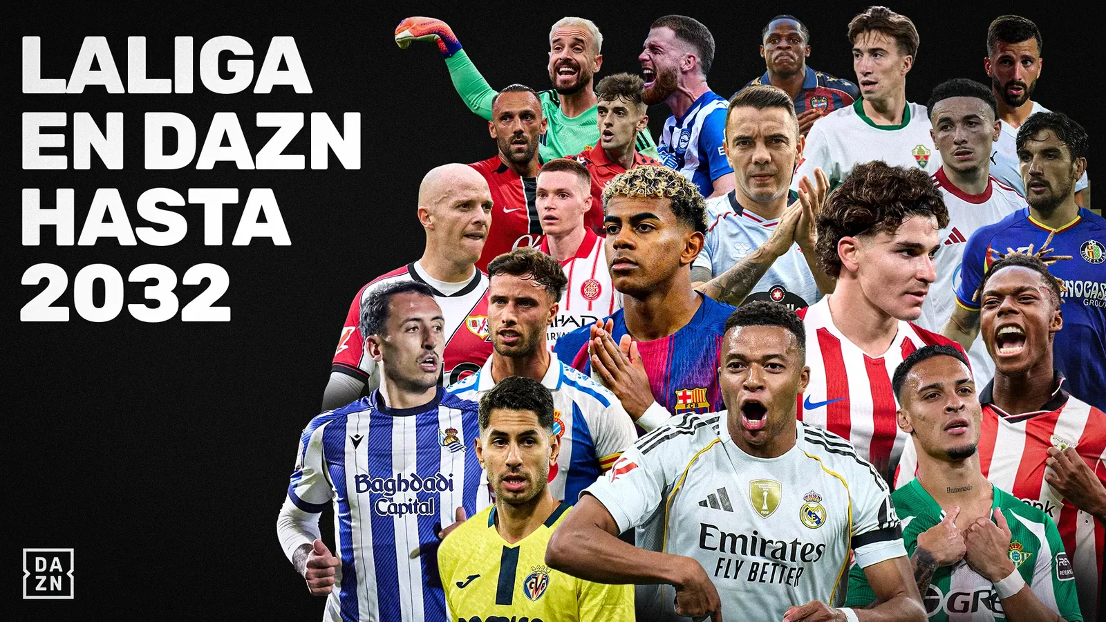 Gráfico promocional de DAZN con jugadores de LaLiga y el texto «LaLiga en DAZN hasta 2032»