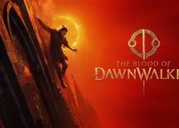 Arte oficial de The Blood of Dawnwalker con Coen escalando una catedral bajo un eclipse