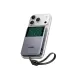 Batería magnética Ugreen MagFlow Pro acoplada a un teléfono, con panel de refrigeración visible y correa