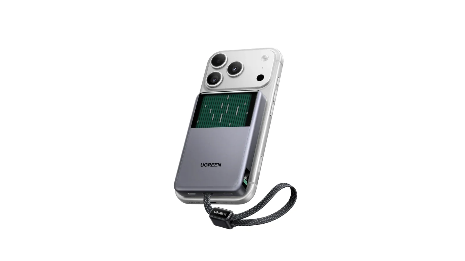 Batería magnética Ugreen MagFlow Pro acoplada a un teléfono, con panel de refrigeración visible y correa